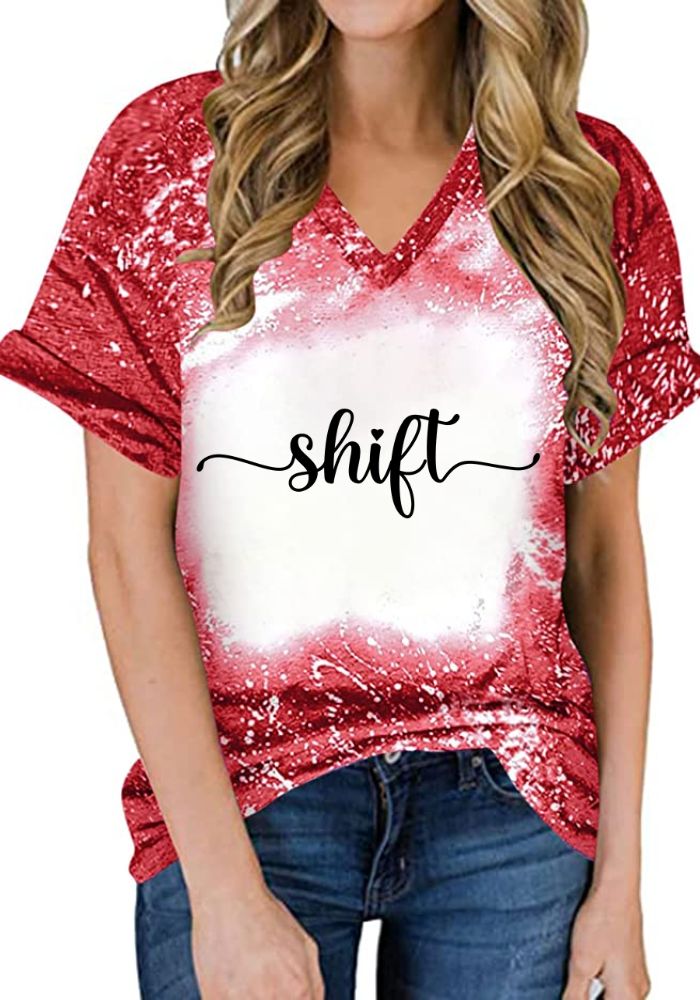 Summer New V Neck Faux Bleached Sublimation Shift Shirts for women