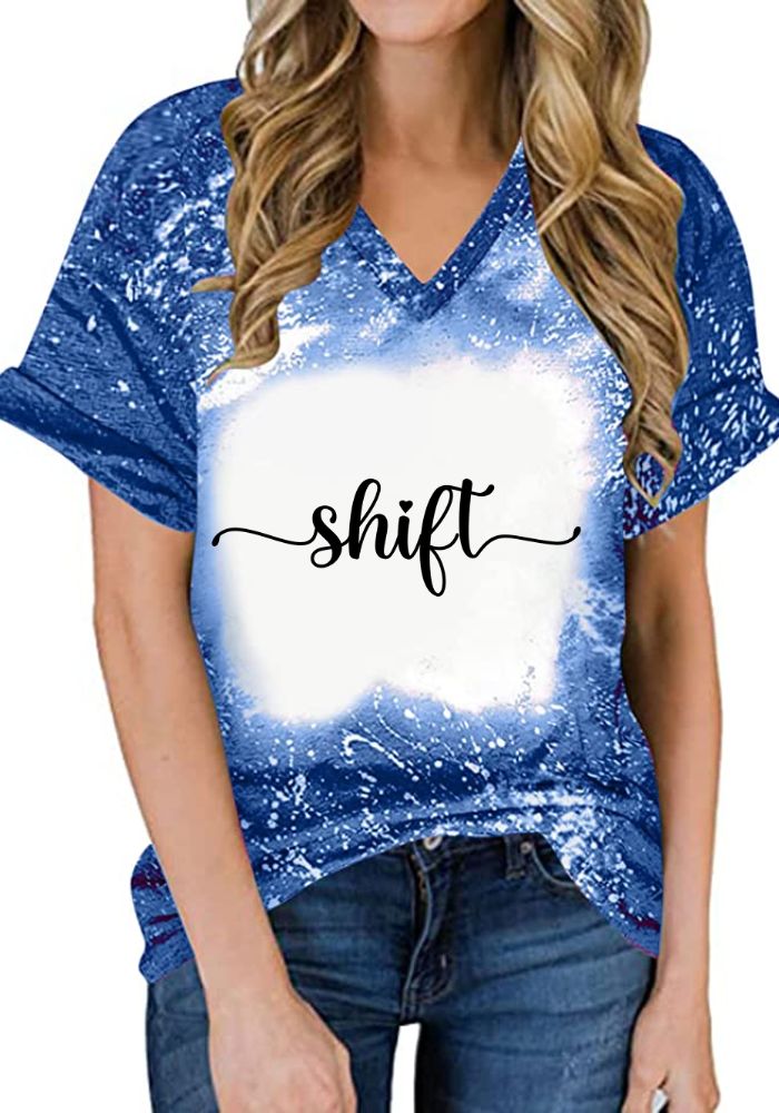 Summer New V Neck Faux Bleached Sublimation Shift Shirts for women