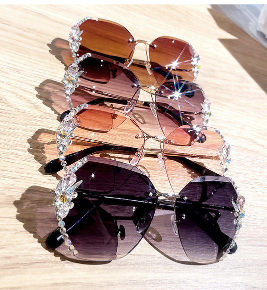New Luxury High Quality Cutting Rimless Fashion Metal Diamond Shades Sunglasses Women
